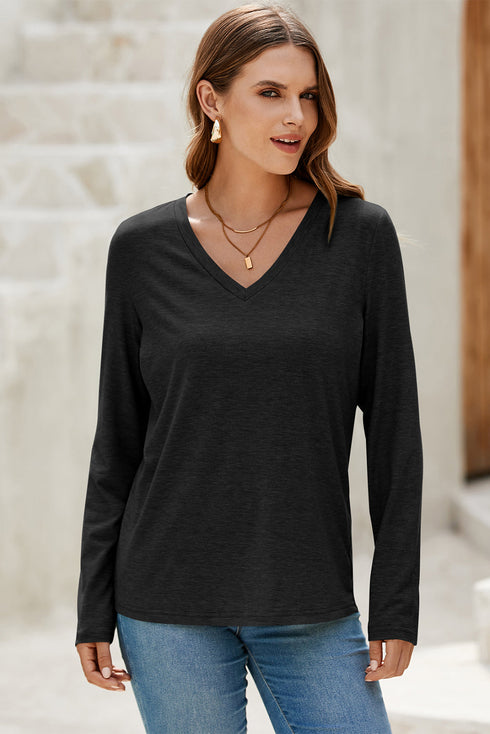 V-Neck Long Sleeve Relaxed Fit Pullover Top